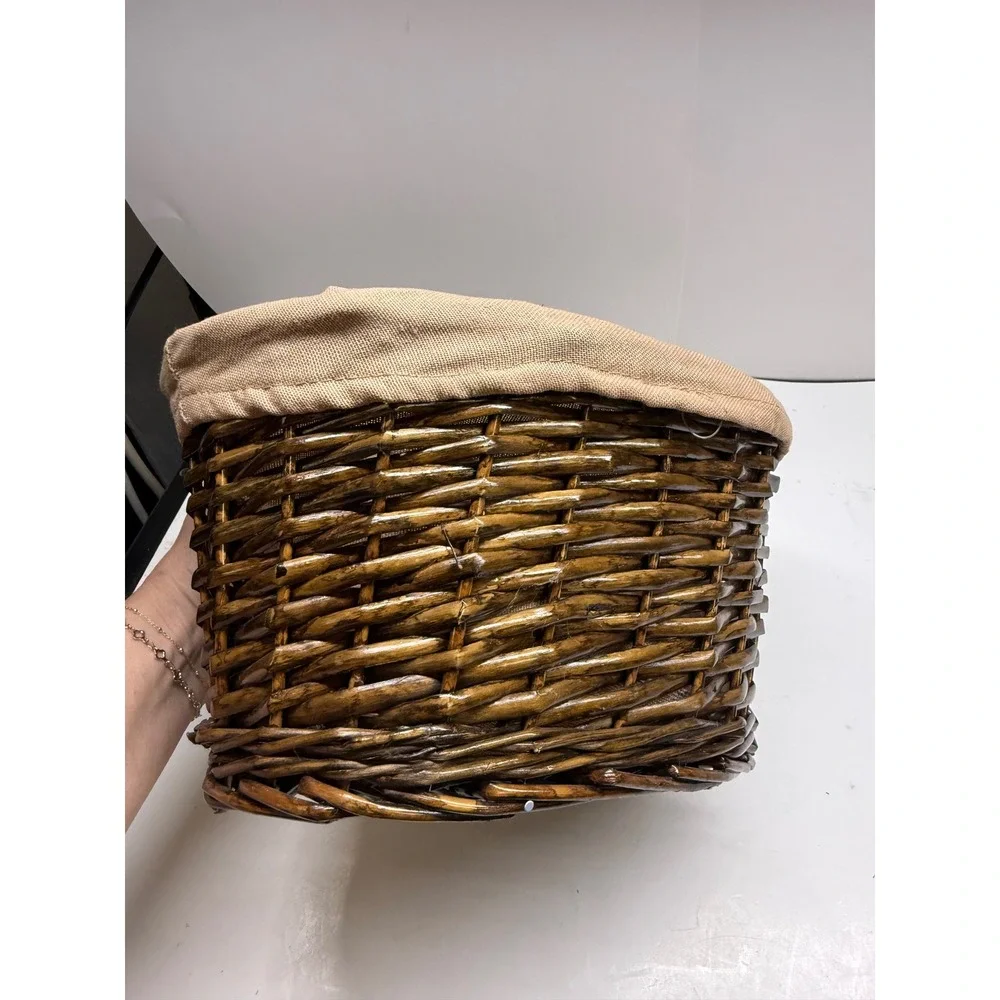Dark Brown Wicker Storage Basket with Removable Tan Fabric Liner Oval Handwoven